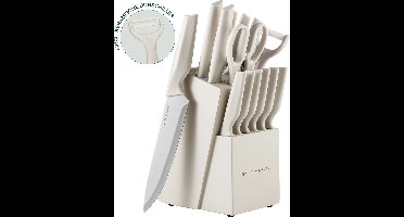 BAUER & MEYER® Messenset - Messenblok - Keukenmessen - Keukengerei - 15-delig - Incl. dunschiller, keukenschaar en messenslijper - Zilver/Oatmeal