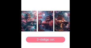 HobbyMania Schilderen op Nummer Volwassenen Drieluik - Japanse Nachttempels met Sakura - Inclusief Verf, Penselen en Tekenhandschoen - Kleuren op Nummer - 3x 40x50 cm