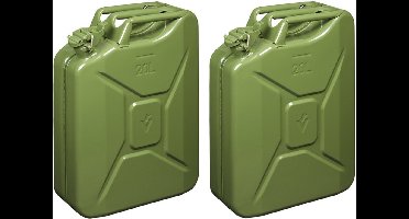 Pro Plus Metalen jerrycan 20 liter legergroen - Set van 2x stuks - geschikt voor brandstof - benzine / diesel