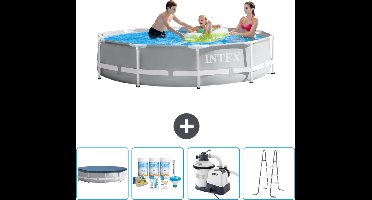 Intex Rond Prism Frame Zwembad - 305 x 76 cm - Grijs - Inclusief Afdekzeil - Onderhoudspakket - Zwembadfilterpomp - Ladder