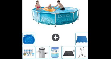 Intex Rond Frame Zwembad - 305 x 76 cm - Waterprint - Inclusief Onderhoudspakket - Zwembadfilterpomp - Filter - Solar Mat - Ladder - Voetenbad - Vloertegels