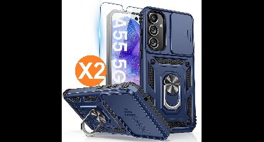 Hoesje Geschikt voor Samsung Galaxy A55 hoesje backcover Blauw met Met Draaibare Ring Houder en camera bescherming - Galaxy A55 Screenprotector - 2 stuks