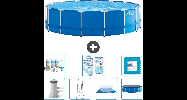 Intex Rond Frame Zwembad - 457 x 122 cm - Blauw - Inclusief Pomp - Ladder - Grondzeil - Afdekzeil Onderhoudspakket - Filters - Vloertegels