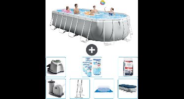 Intex Ovaal Prism Frame Zwembad - 610 x 305 x 122 cm - Grijs - Inclusief Pomp - Ladder - Grondzeil - Afdekzeil Zoutwatersysteem - Filters - Zwembadzout