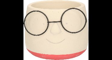 Dijk Natural Collections Bloempot/plantenpot gezicht met brilletje - wit/fuchsia roze - voor kamerplant - D13 x H10 cm