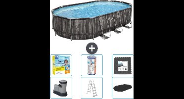 Bestway Ovaal Power Steel Zwembad - 610 x 366 x 122 - Grijs - Inclusief Pomp - Ladder - Afdekzeil Onderhoudspakket - Filter - Vloertegels