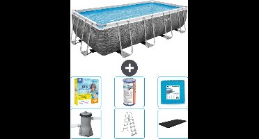 Bestway Rechthoekig Power Steel Zwembad - Rattanprint - 488 x 244 x 122 - Inclusief Pomp - Ladder - Afdekzeil Onderhoudspakket - Filter - Vloertegels