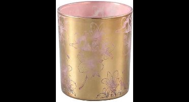 PTMD Melody Rond Theelicht Bloemen - H10 x Ø9 cm - Glas - Goud/roze