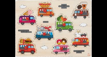 Knoppuzzel Foodtruck – Klein – Houten Puzzel – Rode Kunststof Knopjes – Kinderen Puzzel met Voedselthema – Engelhart