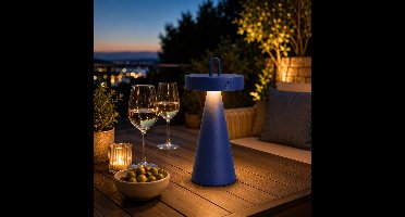 Oplaadbare LED Buiten Tafellamp & Hanglamp Kobaltblauw – Dimbaar – USB-C – IP44 Waterdicht – 7 Uur Brandduur – Aluminium – Warm Wit 2700K – 28,5 x 12,8 cm