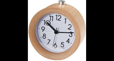Ronde houten wekker - Analoge reiswekker - Lichtgevend, stil, zonder tikgeluid - Werkt op batterijen - Eenvoudig in te stellen voor op het bureau, in de slaapkamer of op het nachtkastje - Licht hout