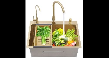 Enkele Spoelbak – Keukenspoelbak – Inbouwspoelbak – Onderbouwspoelbak – RVS Goudkleurig – 60x45 cm – Inclusief 2 Kraan Gaten, Zeepdispenser en Afloopmandje