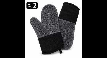 Benza Ovenwanten Set van 2 – Siliconen & Katoen – Antislip Ovenhandschoenen – Hittebestendig tot 250°C – Zwart/Grijs – 31,5 x 18,5 cm
