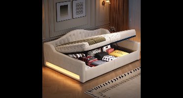 Eenpersoonsbed – Bedframe – Eenpersoonsbed Met Opberglade – Slaapbed – Kinderbed – 140x200 CM – Linnen Bekleding – Verstelbare 7-Kleurige Led-Verlichting
