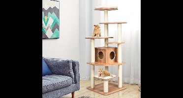 Krabpaal – Kattenboom – Kattenmeubel – Krabmeubel – Krabton – 7-laagse houten kattenboom – Sisal krabpalen en wasbare kussens – Retro bruin-beige design