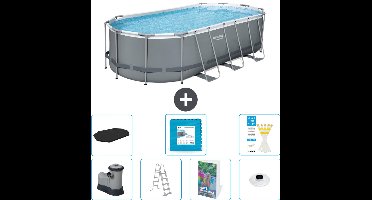 Bestway Ovaal Power Steel Zwembad - 549 x 274 x 122 - Grijs - Inclusief Pomp - Ladder - Afdekzeil - Vloertegels - Verlichting - 8-delig