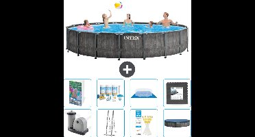 Intex Rond Prism Frame Greywood Zwembad - 549 x 122 cm - Inclusief Pomp - Ladder - Grondzeil - Afdekzeil - Onderhoudspakket - Vloertegels - 9-delig