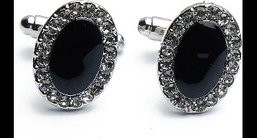 Manchetknopen - Ovaal Zwart Emaille met Stenen