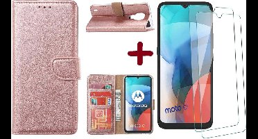 Geschikt voor Moto E7 hoesje - Geschikt voor Moto E7 wallet case portemonnee - Geschikt voor Moto E7 bookcase cover Rose Goud met - Geschikt voor Moto E7 screenprotector / 2 pack tempered glass