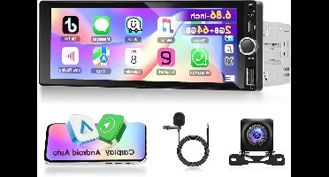 Draadloze CarPlay Autoradio – 2din Auto Multimedia Systeem – Android Auto Radio – GPS Navigatie Radio – Bluetooth Autoradio – 6,9” HD Touchscreen – Android 15 Software – Achteruitrijcamera Ingang
