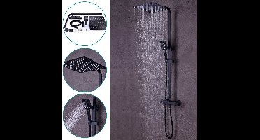 Doucheset – Regendouche – Douchekraan – Handdouche – Douchegarnituur – Thermostaatkraan Met Veiligheidsstop – Vierkante Regendouchekop 30,5 cm Zwart