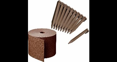 Kunststof grasrand / borderrand taupe bruin inclusief 20x grondpennen 10 m x 15 cm
