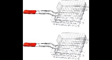 BBQ/barbecue rooster - 2x - grill mand - metaal/hout - 42 x 66 x 7 cm - vlees/vis/groente - braadrooster