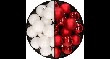 32x stuks kunststof kerstballen mix van wit en rood 4 cm - Kerstversiering