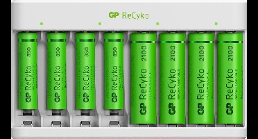 GP ReCyko Batterijlader voor AA en AAA - USB, 8-slot incl. 4 x AA en 4 x AAA oplaadbare batterijen - Batterij oplader universeel