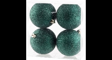 4x stuks kunststof glitter kerstballen donkergroen 10 cm - Onbreekbare kerstballen - kerstversiering
