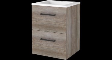 Basic Start 46 badmeubelset met wastafelonderkast met grepen, 2 lades en acryl wastafel met 1 kraangat 50 x 46 cm, scotch oak