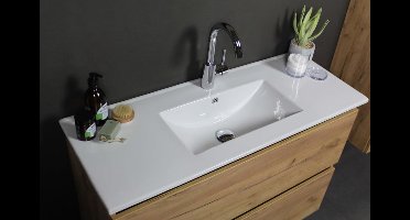 Basic Start 39 badmeubelset met greeploze wastafelonderkast met 2 lades en porseleinen wastafel met 1 kraangat 80 x 39 cm, whisky oak