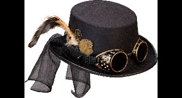 Steampunk hoge hoed zwart met stofbril