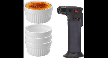 7-Delige creme brulee set met witte schaaltjes en een grijze brander