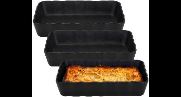 Ovenschaal - 3x - zwart - 1,5 L - 21 x 14 cm - aardewerk - serveerschalen - Rechthoekig - Klassieke braadsledes - Ovenschotel schalen - Bakvorm/braadslede