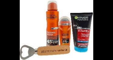 L’Oréal Men Expert & Garnier Heren Cadeauset – Deo Spray, Deo Roller & Reinigingsgel met Bieropener “Beste Papa” – Vaderdagcadeau voor Mannen