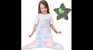 Kraftverdia Kinder Lichtgevende Zeemeermin Staartdeken – Zacht Flanel – Slaapzak en Deken in Eén – 130-170 cm – Verloop Eenhoorn Patroon