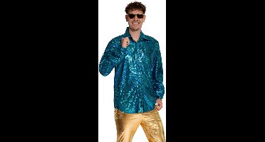 Partychimp Shiny Disco Shirt Turquoise voor Heren Carnavalskleding Foute Party Verkleedkleding Volwassenen Heren Toppers 2026 - Disco- Shiny- Polyester - S
