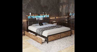 Tweepersoonsbed 140×200 cm – Metalen Opslagbed met LED & USB, Hoofdbord met Opbergruimte, 4 Lades