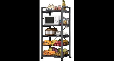 Velox Goods VL‑523 Keukenplanken – Stevig 4‑Laags Opbergrek met Magnetronplank – Metalen Staand Keukenrek – Voor Groenten, Fruit & Apparatuur – Zwart