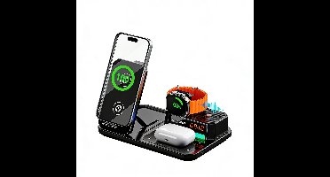 Namajunas - 6 in 1 Draadloze Oplader - Draadloze Bluetooth Speaker - 7-kleuren RGB -30W Iphone Oplader - Snellader iphone - Geschikt voor iphone (8-17) - AirPods & iWatch - Wireless charger - GSM Lader - Draadloos Qi Station - Opvouwbaar - Zwart