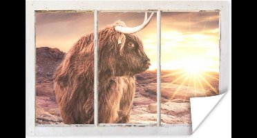 Poster Schotse hooglander - Doorkijk - Zonsondergang - 30x20 cm