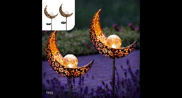 Gadgy Solar Tuinverlichting - Maan Lamp met grondspies - Tuinverlichting op zonneenergie Buiten - Set van 2 st. - Led Buitenverlichting met Sensor - Tuinlantaarn - Tuinfakkel 88 cm hoog - Tuinsteker - Brons - Metaal