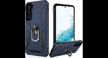 Hoesje Geschikt Voor Samsung Galaxy S22 Hoesje Anti-Shock Hybrid Armor Blauw - Hoesje Geschikt Voor Samsung Galaxy S22 hoesje met Kickstand Ring Houder - Kunststof - Back Cover