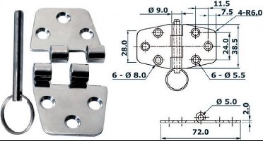 RVS scharnier - 72×38.5mm - met losse pen