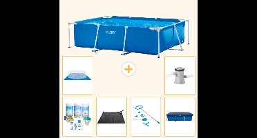 Intex Rechthoekig Frame Zwembad - 220 x 150 x 60 cm - Blauw - Inclusief Onderhoudspakket - Solar Mat - Schoonmaakset - Afdekzeil - Grondzeil - Zwembadfilterpomp - 7-delig