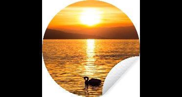 WallCircle - Muurstickers - Behangcirkel - Zwaan - Zonsondergang - Goud - ⌀ 30 cm - Muurcirkel - Zelfklevend - Ronde Behangsticker