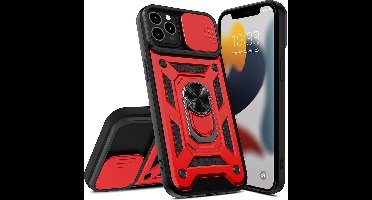 Hoesje Geschikt voor iPhone 13 Mini Hoesje met Camera Bescherming Rood – met ring houder Rugged Armor Back Cover - Case - Camera Schuif