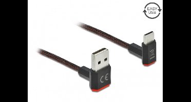 USB-C - Easy-USB-A kabel | haaks boven/beneden | USB2.0 | QC 18W | nylon | 2 meter
