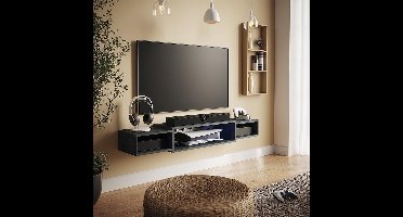 Nordic Luxe Wand-TV Meubel – Zwart Betonlook – Modern Zwevend TV-Meubel met Open Vakken – 140 cm Breed – Industrieel Design Televisiemeubel – Wandkast voor Woonkamer